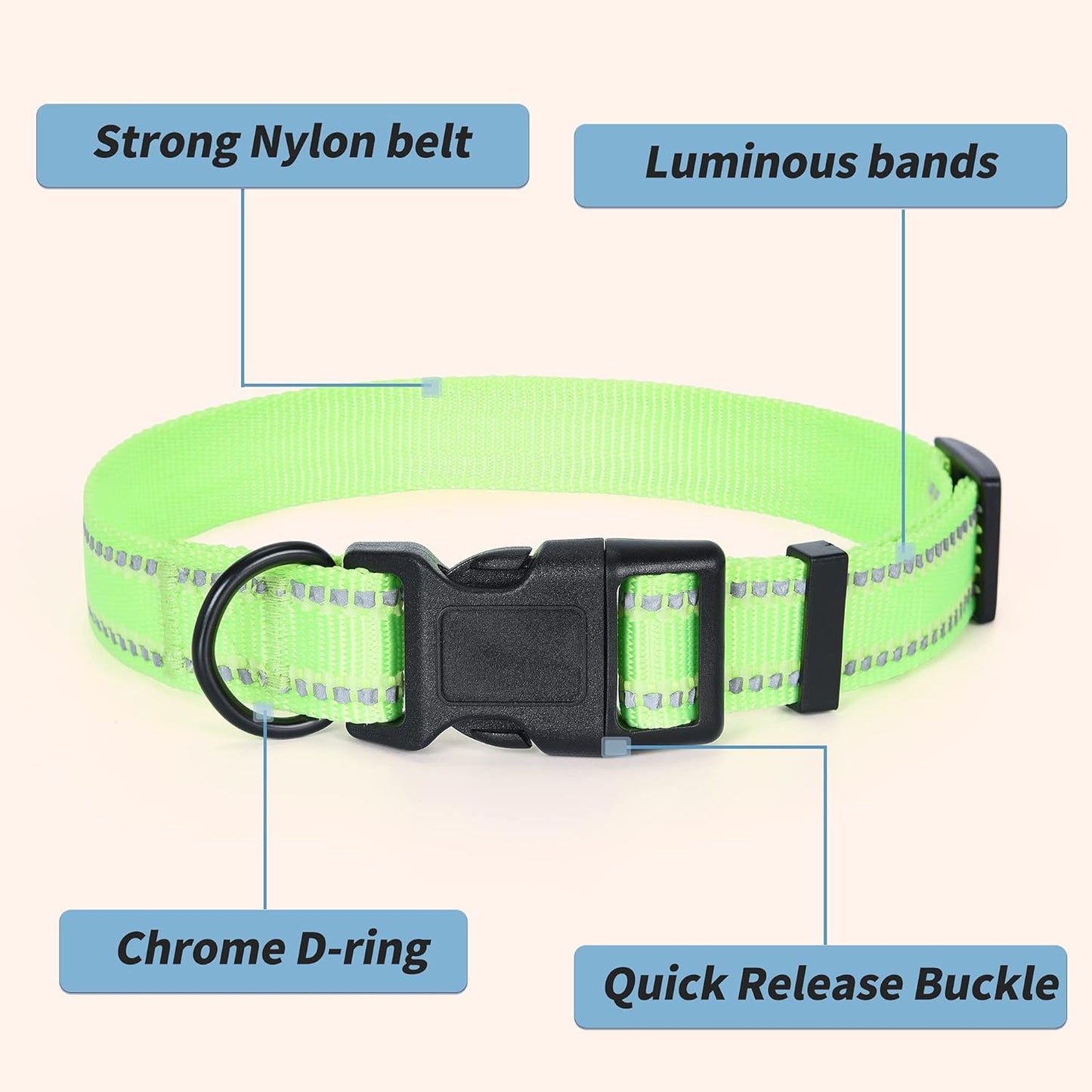 Nylon Night Light Glow Collar, Reflective Light up Dog Collar, Fluorescent Self-Luminescent Strap for Small Medium Large Dogs (Lime, S Neck11-15")