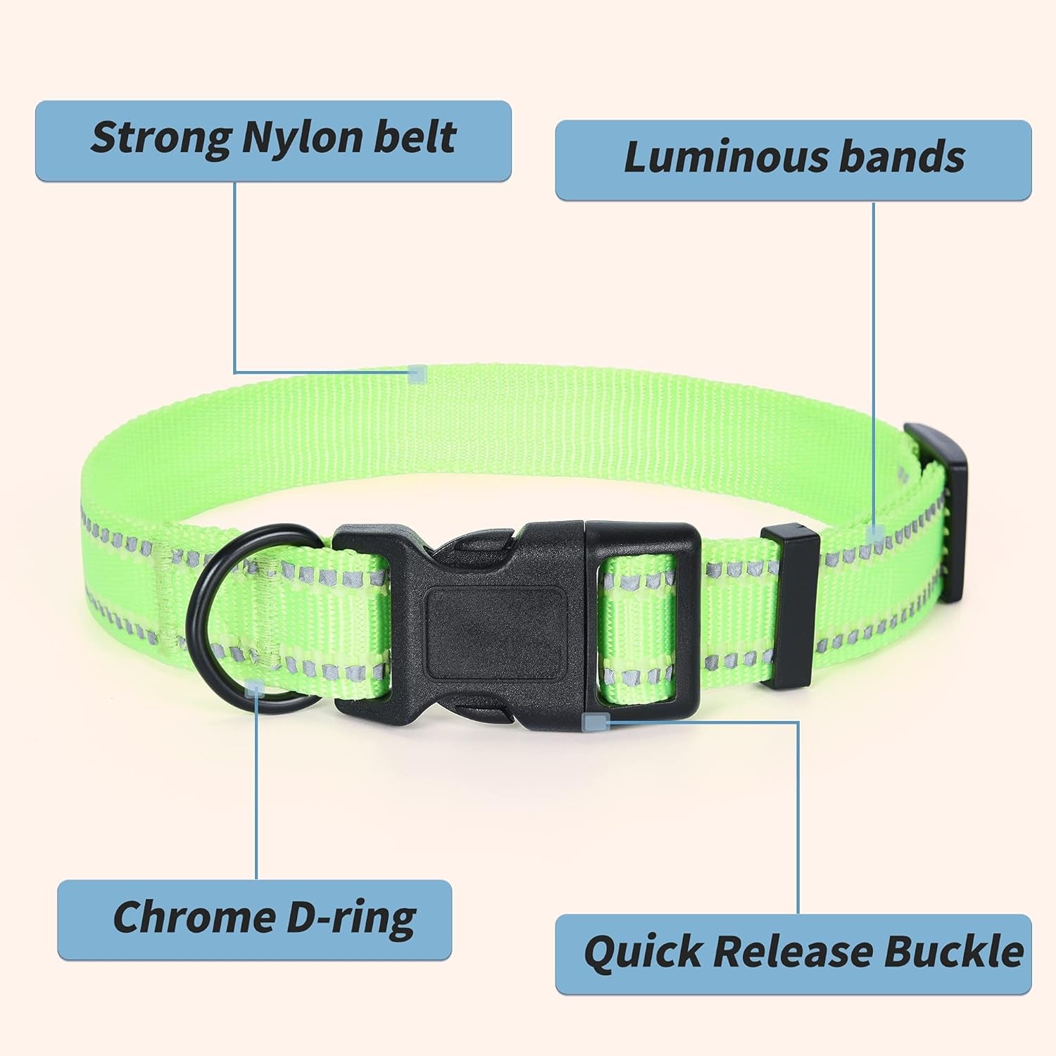 Nylon Night Light Glow Collar, Reflective Light up Dog Collar, Fluorescent Self-Luminescent Strap for Small Medium Large Dogs (Lime, S Neck11-15")
